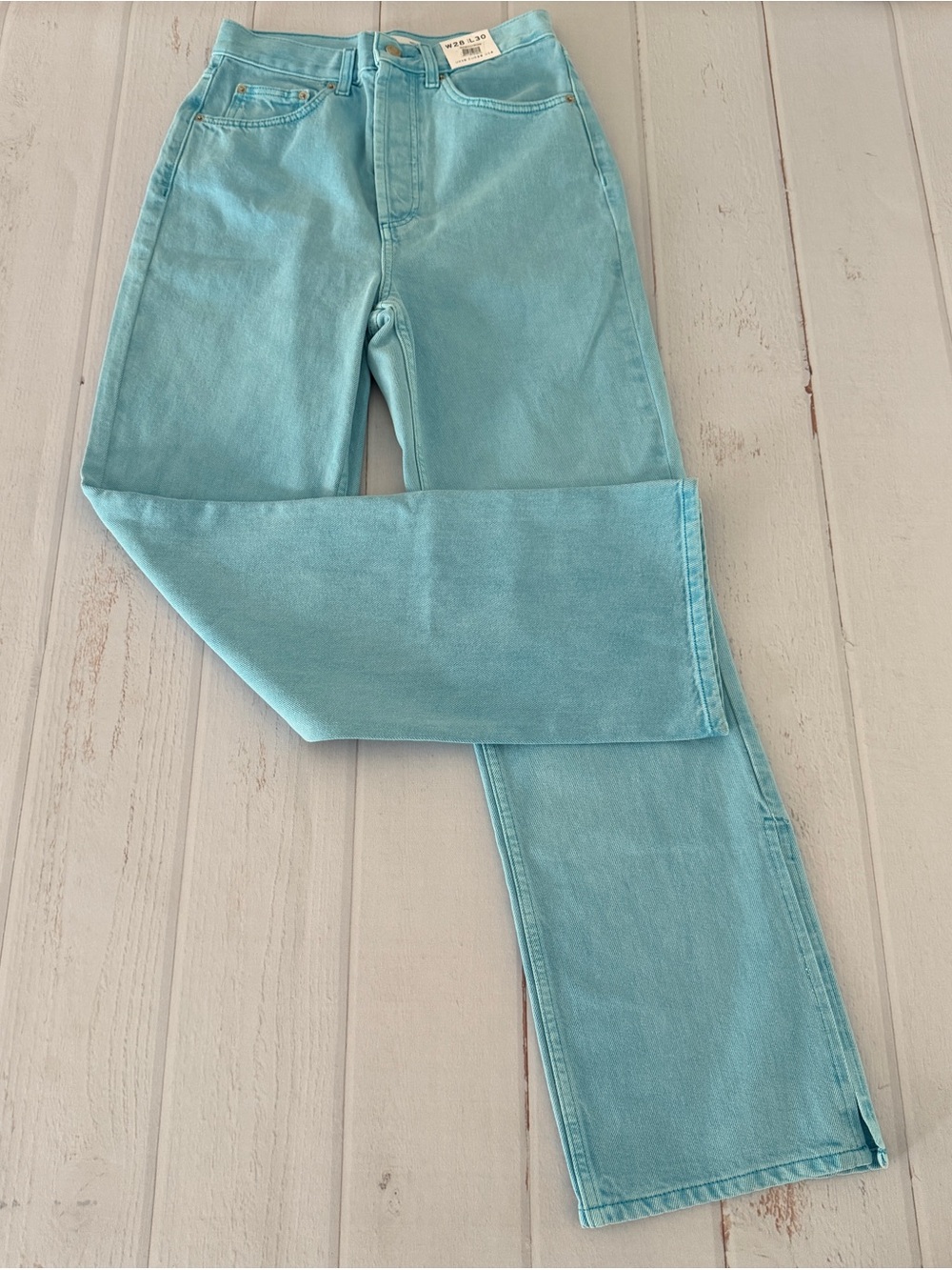 Topshop Kort Aqua Blue Straight Leg Jeans W28 L30 High Rise Cropped Raw Hem